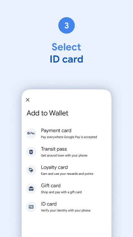 اختيار بطاقة الهوية في محفظة Google.