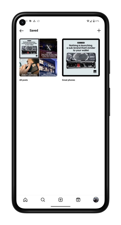 شاشة المجموعات والمحفوظة في Instagram.