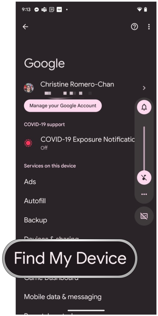 إعدادات Android 13، جوجل، حدد العثور على جهازي