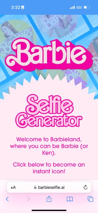 لقطة شاشة لموقع Barbie Selfie Generator.
