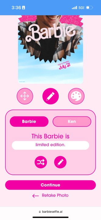 لقطة شاشة لموقع Barbie Selfie Generator.