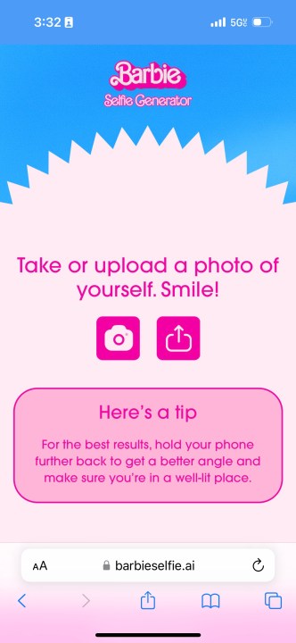لقطة شاشة لموقع Barbie Selfie Generator.