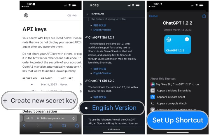 قم بإنشاء مفتاح API سري جديد على OpenAI لـ ChatGPT، انتقل إلى Yue-Yang's Github لتنزيل اختصار ChatGPT 1.2.2 النسخة الإنجليزية، والصق مفتاح API، وحدد إعداد الاختصار