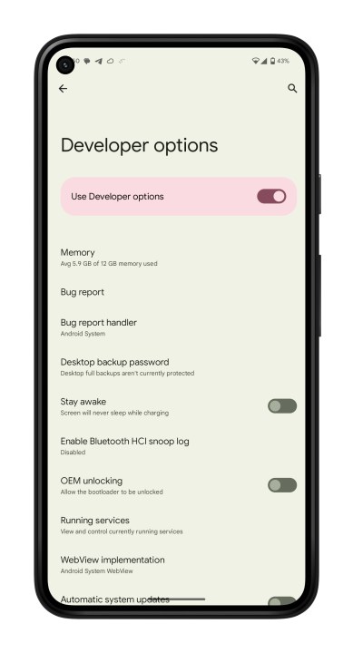 قائمة خيارات المطور في Android 13.