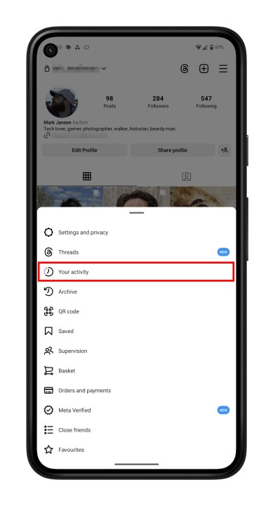 اختيار نشاطك في Instagram.