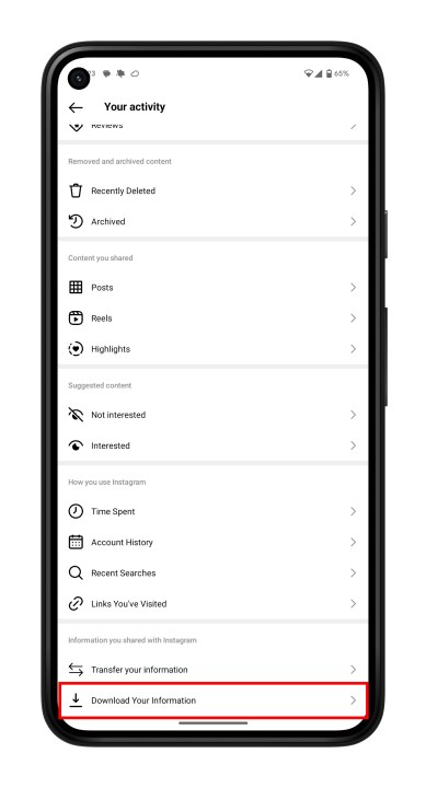 أين تجد تنزيل بياناتك في Instagram.