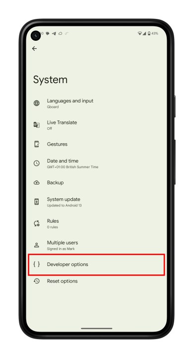 خيارات المطور في قائمة الإعدادات في Android 13.