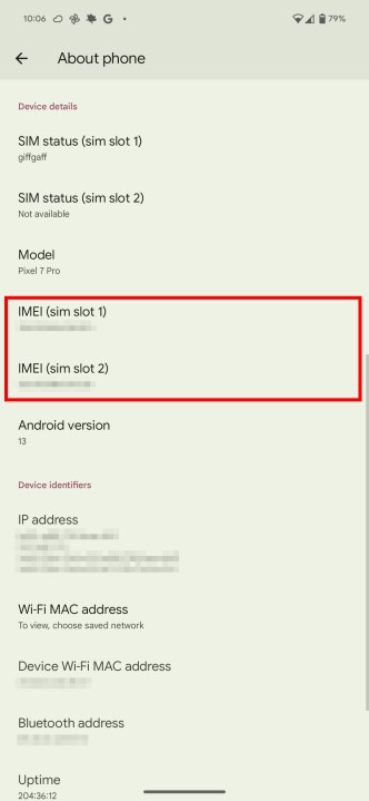 رقم IMEI الخاص بك في قائمة إعدادات Android.