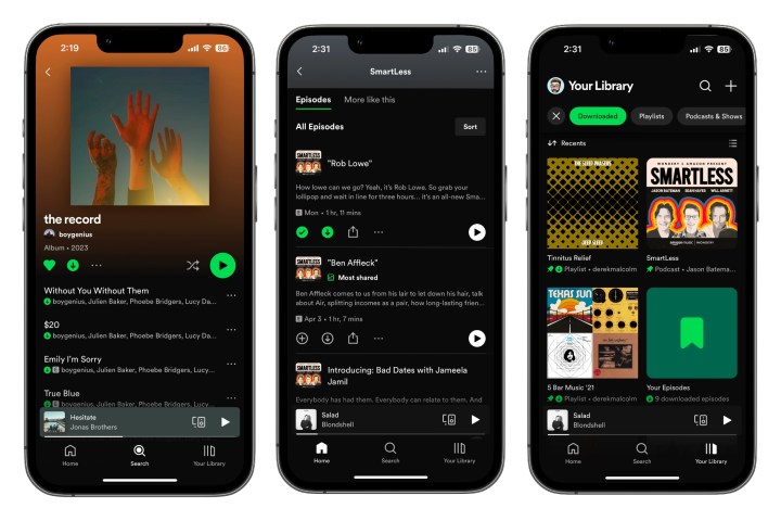 مجموعة من لقطات الشاشة لكيفية تنزيل الموسيقى والبودكاست من Spotify على الهاتف المحمول.