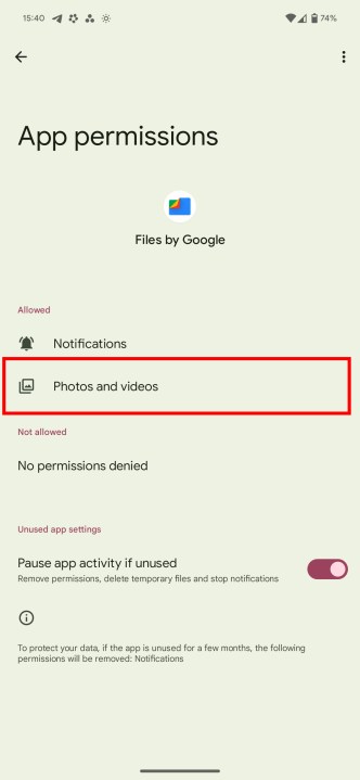 الأذونات الصحيحة موجودة في Files on Pixel.