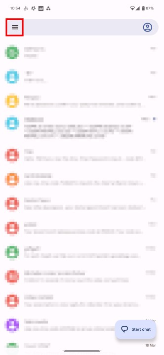 الشاشة الرئيسية لتطبيق رسائل Google.