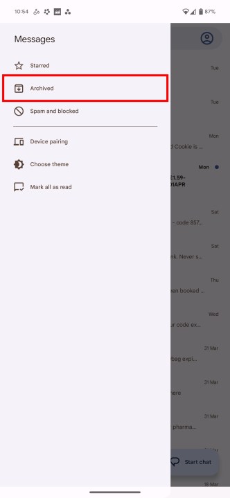 الوصول إلى الأرشيف في رسائل جوجل.