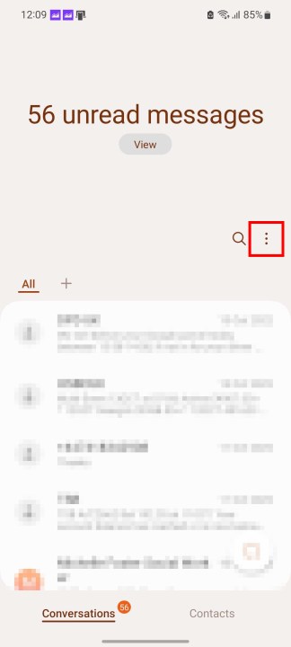 الوصول إلى قائمة الإعدادات في رسائل سامسونج.