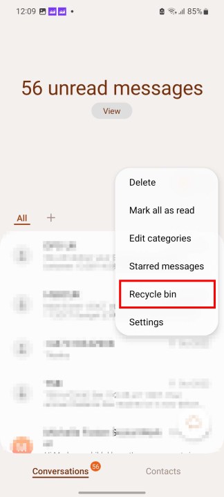 العثور على سلة المحذوفات في رسائل سامسونج.