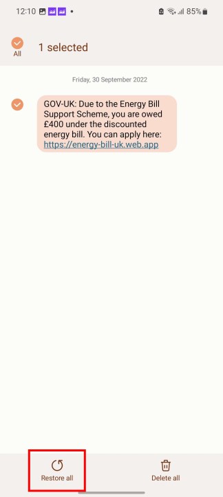 استعادة رسالة واحدة في رسائل سامسونج.