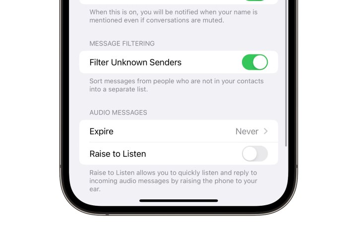 يُظهر iPhone مفتاح تصفية المرسلين غير المعروفين في إعدادات الرسائل.