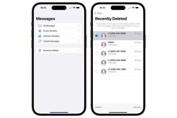 هاتفان iPhone يوضحان كيفية حذف محادثة بشكل دائم في تطبيق الرسائل.