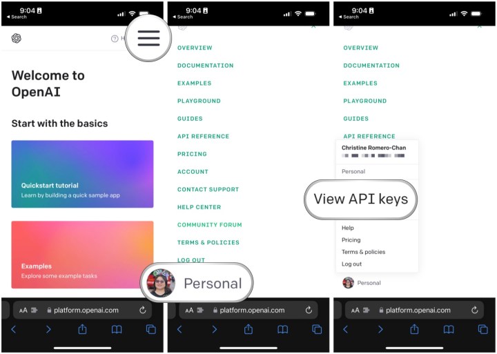انتقل إلى OpenAI، وقم بإنشاء أو تسجيل الدخول، وعرض الحساب، وحدد عرض مفاتيح API