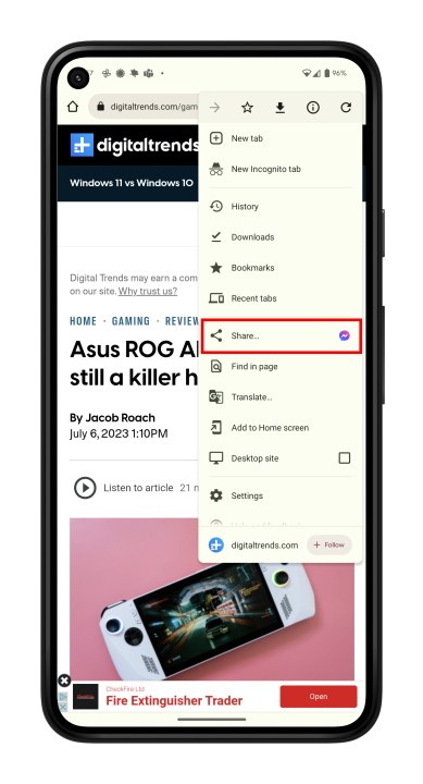 تحديد مشاركة على صفحة ويب في Chrome mobile.