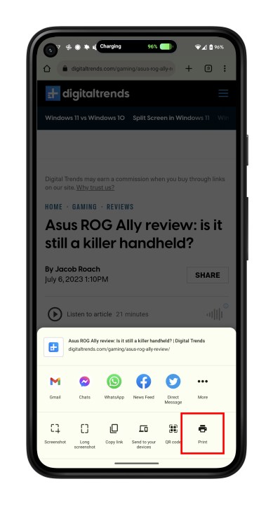 طباعة صفحة ويب Chrome من قائمة المشاركة،