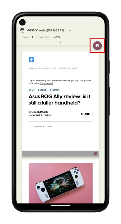 قائمة الطباعة في Android.