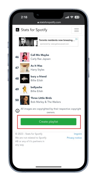 إحصائيات سبوتيفي، زر إنشاء قائمة التشغيل.