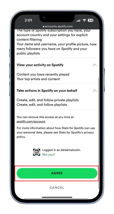 إحصائيات شاشة تسجيل الدخول إلى Spotify.