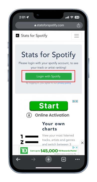 شاشة تسجيل الدخول لإحصائيات Spotify على iPhone.