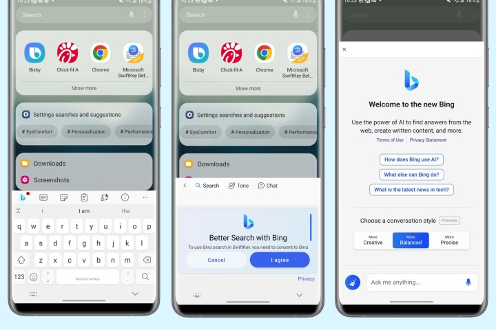 لقطات شاشة لـ Bing Chat الذي يعمل عبر لوحة مفاتيح SwiftKey على نظام Android.