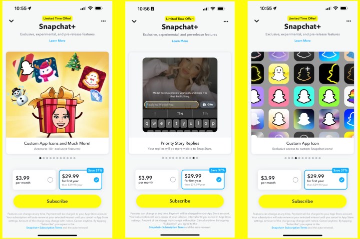 لقطات شاشة لتطبيق Snapchat Plus وبعض ميزاته.